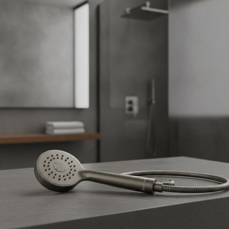 Doccia a mano con finitura in metallo di canna progettata per completare gli interni dei bagni contemporanei offrendo funzionalità e aspetto elegante