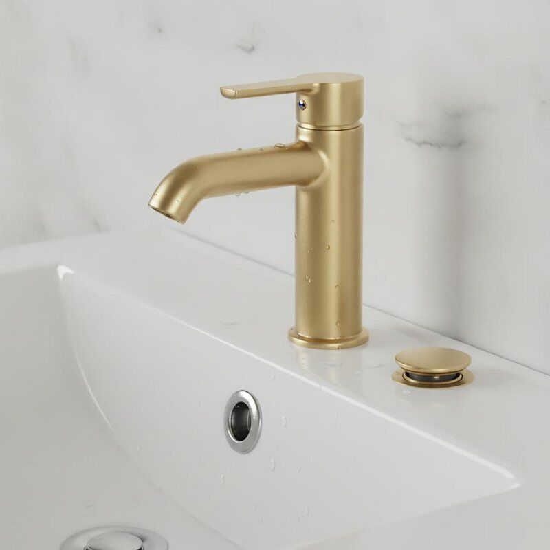 Miscelatore monocomando per lavabo in ottone finitura ottone spazzolato con scarico a clac clac e piletta di scarico, montaggio a ponte