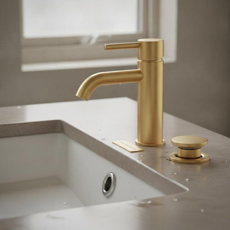 Rubinetto per lavabo corto compatto in ottone Finitura in ottone spazzolato Mini design per montaggio su ponte con set di scarico pop-up salvaspazio